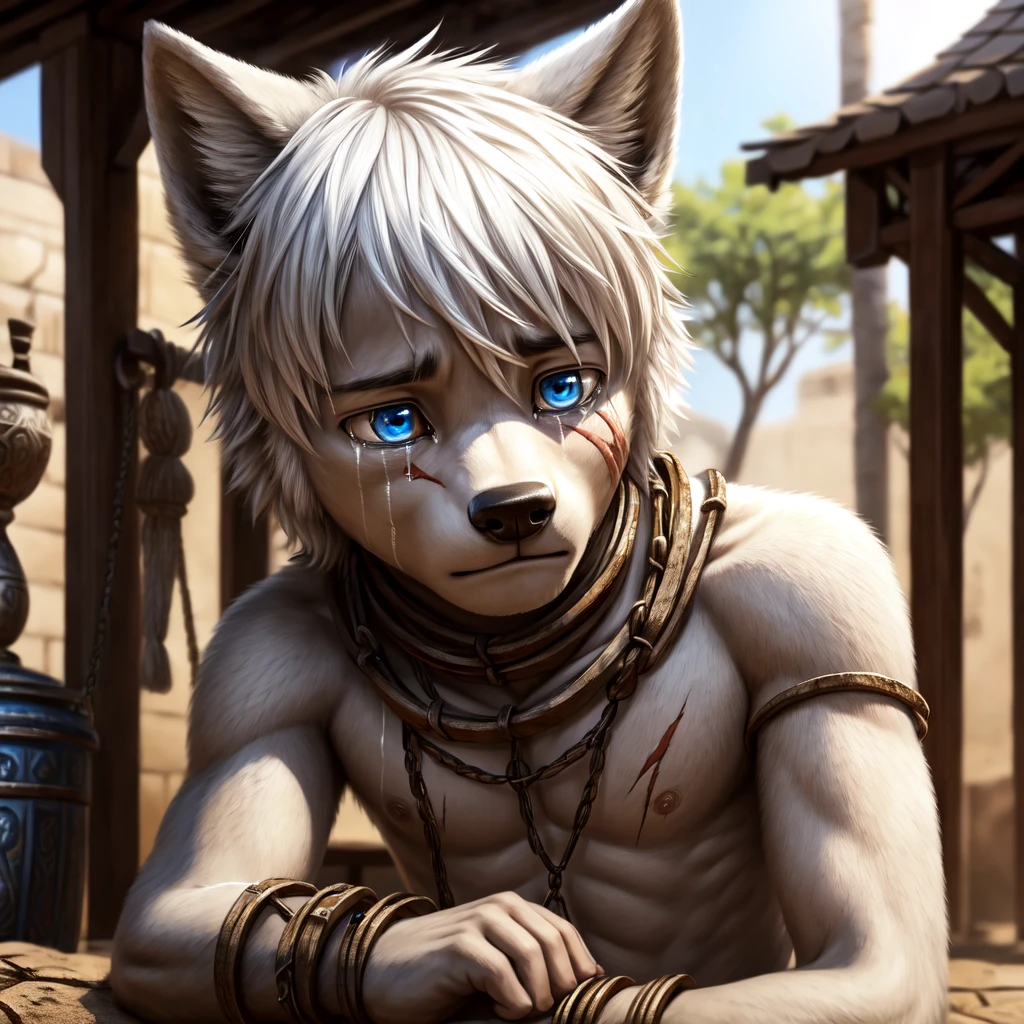 ( detailed crying ,  detailed face,  detailed background ,  detailed body ), (realistic,photorealistic,photo-realistic:1.37)
Little wolf boy , very young, cute, , cuddly , wears slave clothes,  iron shackles around the neck,  iron cuffs on the wrists,  arms tied over his head ,  on a slave marketplace, He cries a lot , many scars on the body, He is stared at by everyone ,  white fur ,  blue eyes,  white hair