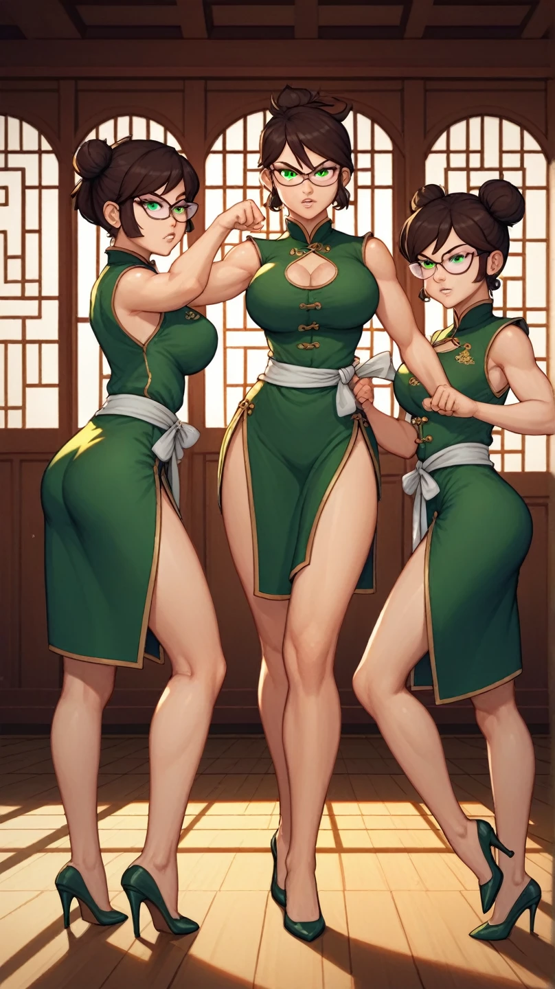 lisa loud, 3girls, trio, 24yo girl, large breasts, green cheongsam, glasses, inside of a chinese temple, looking at viewer, brunette hair, two hair buns , hands  score_9, score_8_up, score_7_up, high heels, teep fighting stance,martial arts, chest window, triplets