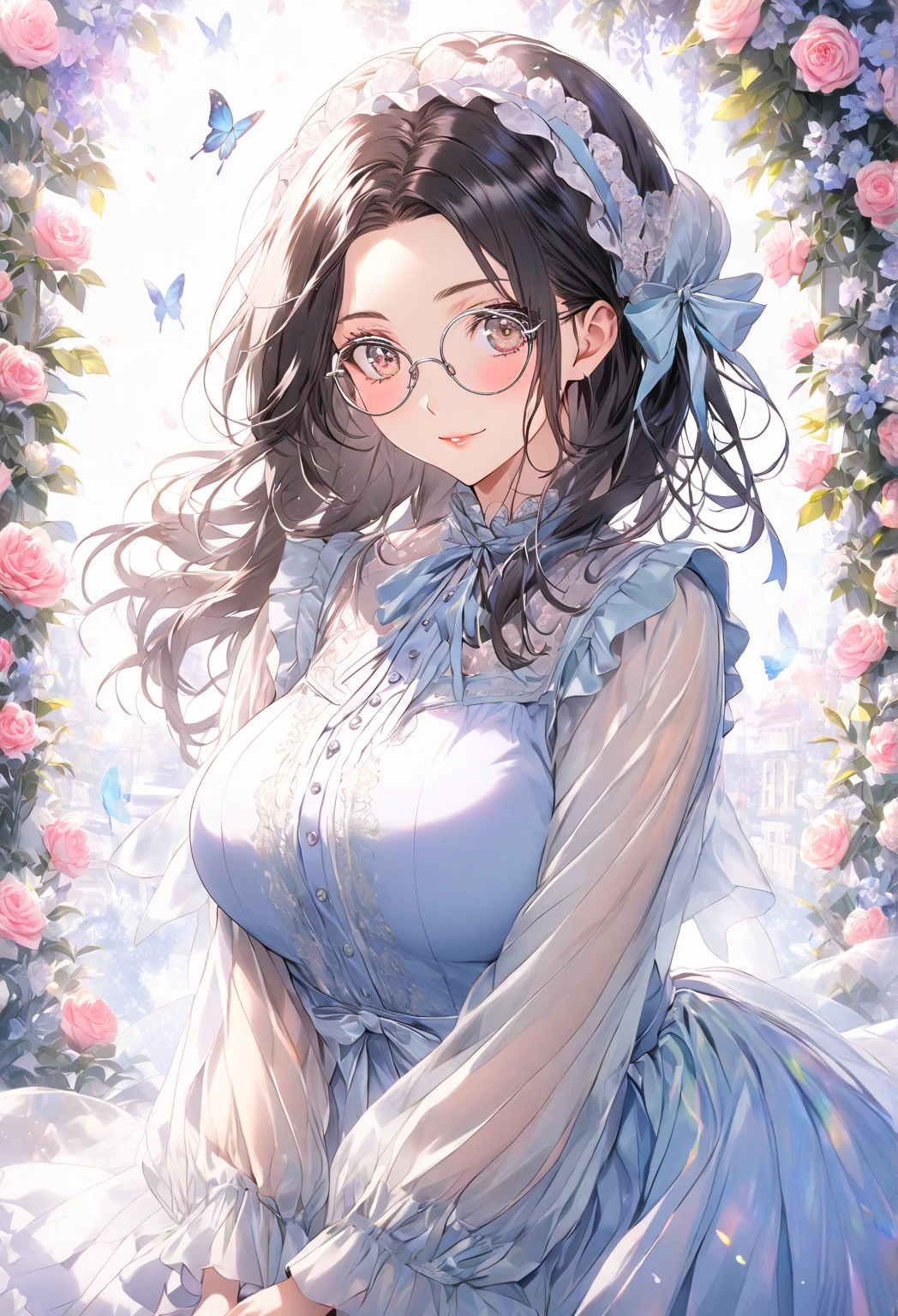 ((highest quality)), ((masterpiece)), (detailed), (front view), (one girl), sexy, shiny skin, glossy skin, height 168cm, bust 120cm, big breast, hourglass body, housewife, black hair parted bangs, A mother with warm eyes, Wearing round glasses, Looking at viewer with gentle eyes,  She is dressed in a soft ****ta outfit: a modest yet enchanting design with a high-neck lace blouse and a pastel, knee-length skirt featuring layers of chiffon and delicate floral embroidery. The outfit is accented by subtle ribbons tied at her waist and a small, matching bonnet adorned with lace and soft flowers. She wears ankle socks with lace trim and low-heeled Mary Jane shoes. She stands in a sunlit garden filled with blooming roses and butterflies fluttering gently, creating an atmosphere of innocence and charm The fabric is slightly translucent in the sunlight. 