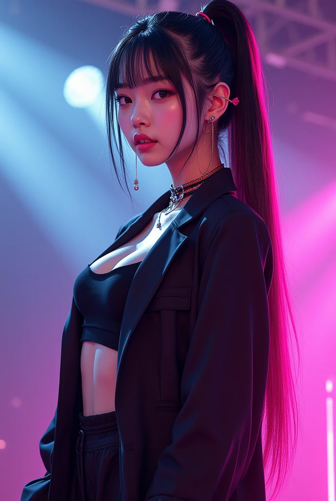 21yo girl,pink hair,long hair, wearing black t-shirt, green neon light,black background, natural big breast, show big thigh, plump body,single sidelock hairpin blush modern cinematic lighting,ray tracing,drop shadow wide shot UHD,textured skin,high details,best quality 4K