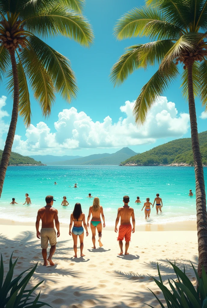 Two very young naked white-skinned girls with brown hair sit on black men, inserted black cocks into their vaginas, on deck chairs on a crowded beach
