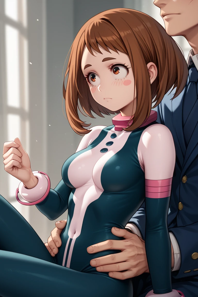 (side angle), sitting inbetween a boys lap, slender tiny waist. sexy body, sexy figure, sexy, tiny waist, desireable, tempting, lust, ochako uraraka, brown eyes, brown hair, short hair, blush, blush stickers, bodysuit, skin tight, superhero, medium breasts, slender body, slim, tiny waist.  tiny waist.