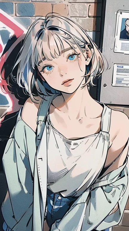 masterpiece, Highest quality, Very detailed, 8k, Realistic, super close up of chest, focus on chest, One Girl, alone, Very detailed face, (head shot:1.5), Standing in front of a wall covered in hip hop graffiti, Cyberpunk neon cityscape,Pixie cut white hair, She is wearing a short neon tank top and an open hoodie, Nice ass, (flat chest:1.2), nsfw, remote_vibrating