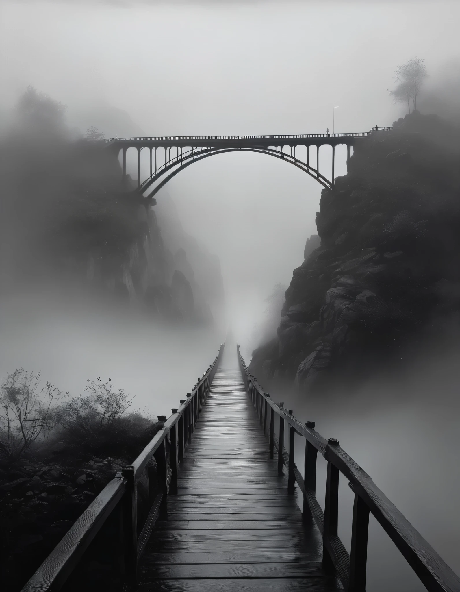 ((Surprisingly bizarre )),(masterpiece:1.2),超 high definition ,  Attention to Details ,  High Quality ,  high definition , 最 High Quality , 4K, 8k、Vertical Landscapes
, landscape painting、The Bridge Seen from Deep in the Fog 、 misty 、 black and white tones 、 An eerie and mysterious work