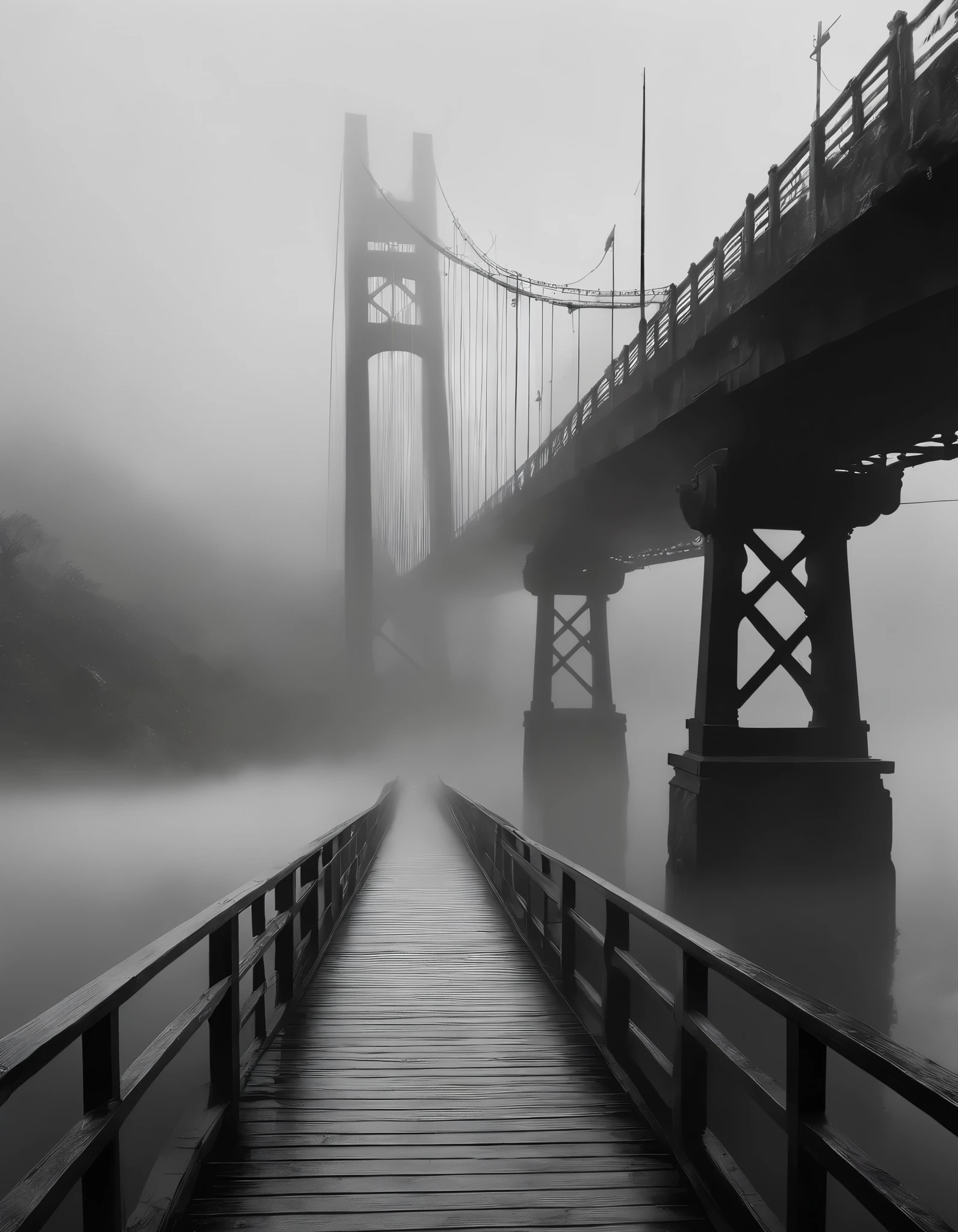 ((Surprisingly bizarre )),(masterpiece:1.2),超 high definition ,  Attention to Details ,  High Quality ,  high definition , 最 High Quality , 4K, 8k、Vertical Landscapes
, landscape painting、The Bridge Seen from Deep in the Fog 、 misty 、 black and white tones 、 An eerie and mysterious work