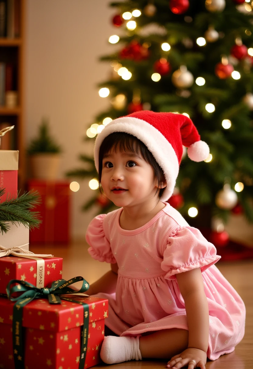 Realistic photos with the Canon EOS R3
A little Thai baby girl, , dressed in a cute dress, wearing a Santa Claus hat, sits next to a gift box next to the Christmas tree. In front, there is a large basket of gifts. There is a relaxation in the style of a realistic movie.