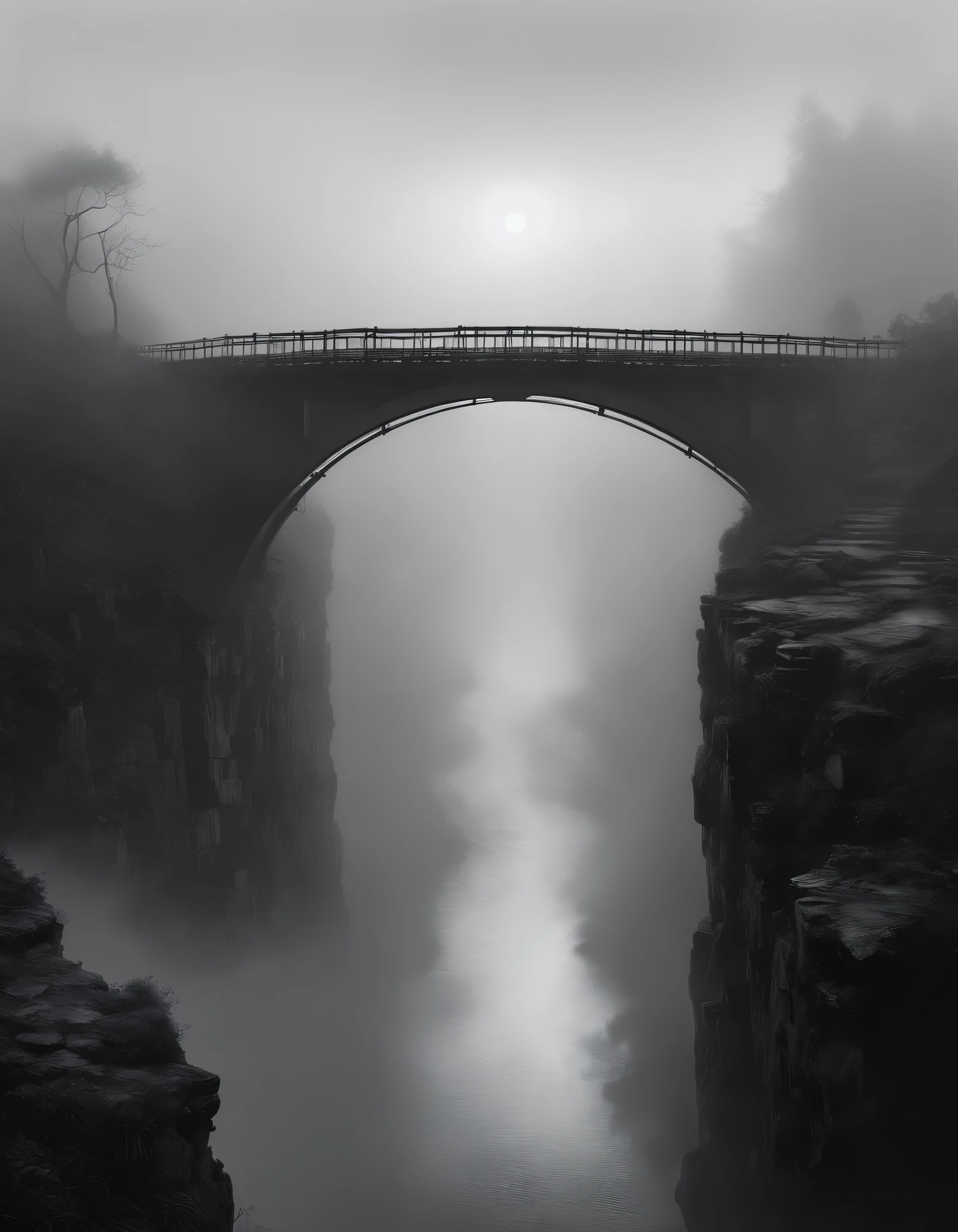 ((Surprisingly bizarre )),(masterpiece:1.2),超 high definition ,  Attention to Details ,  High Quality ,  high definition , 最 High Quality , 4K, 8k、Vertical Landscapes
, landscape painting、The Bridge Seen from Deep in the Fog 、 misty 、 black and white tones 、 An eerie and mysterious work