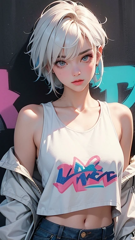 masterpiece, Highest quality, Very detailed, 8k, Realistic, super close up of chest, focus on chest, One Girl, alone, Very detailed face, (head shot:1.5), Standing in front of a wall covered in hip hop graffiti, Cyberpunk neon cityscape,Pixie cut white hair, She is wearing a short neon tank top and an open hoodie, Nice ass, (flat chest:1.2), nsfw, 