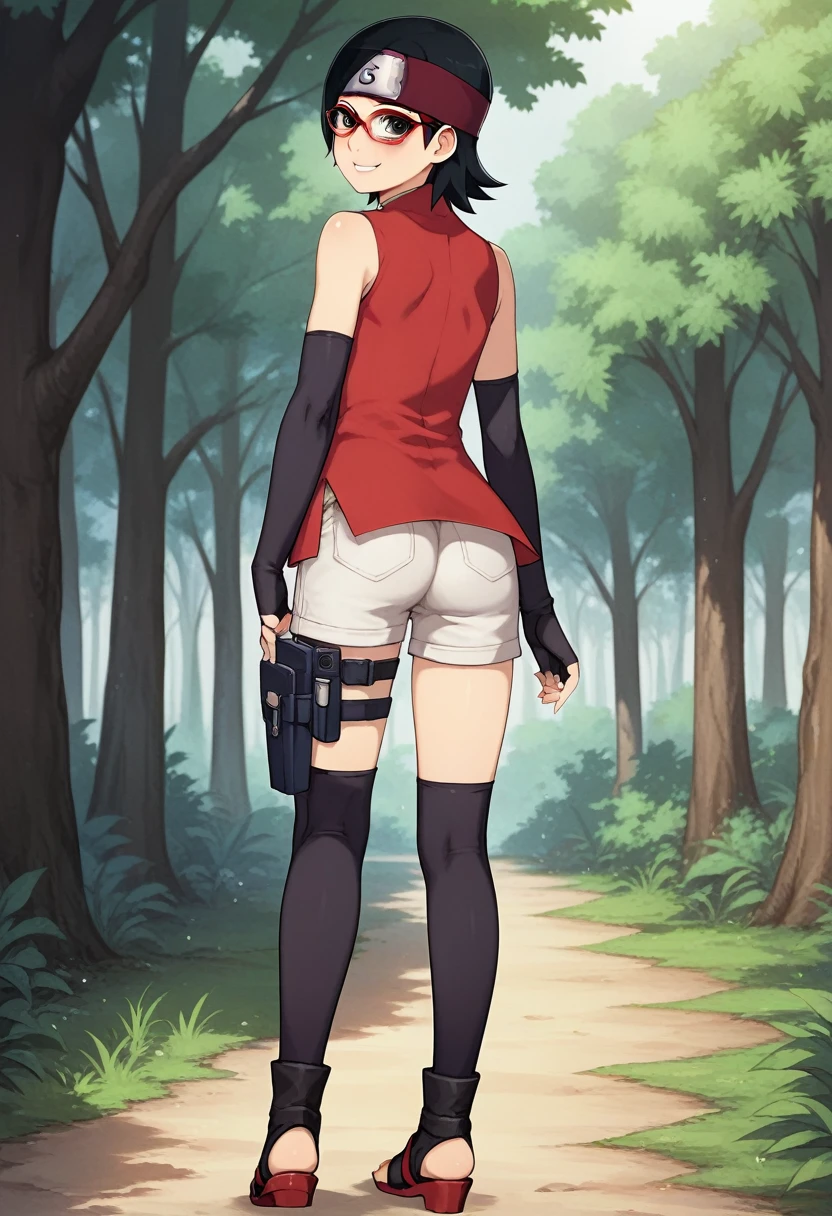 (score_9, score_8_up), score_7_up, zPDXL, Sarada Uchiha, solo, 1girl, black hair, short hair, red-framed eyewear, glasses, black eyes, red dress, sleeveless, elbow gloves, black gloves, fingerless gloves, white shorts, black thighhighs, thigh holster, toeless sandals, smile, looking at viewer, blushing, forehead protector, konohagakure symbol, sunny, forest, debout, butt, fesses, dos, back view, vue de derrière,