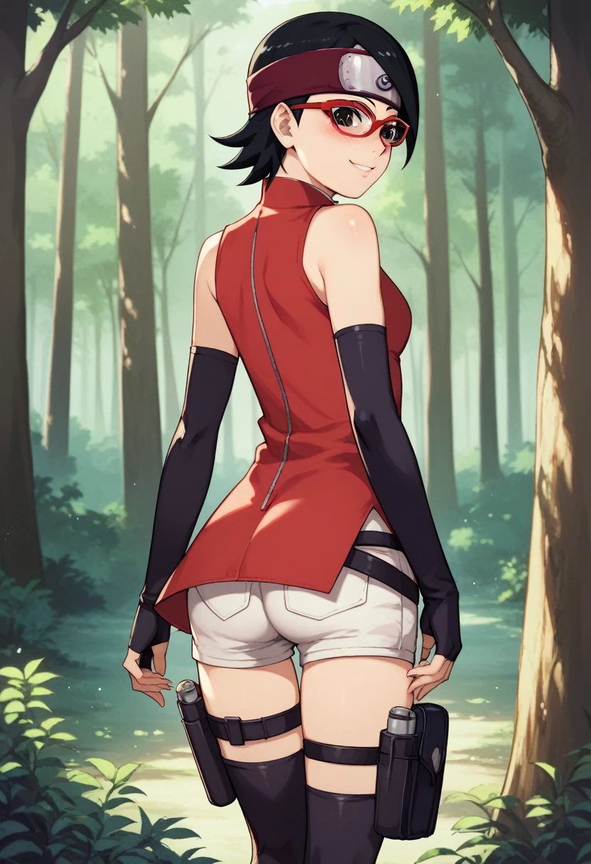 (score_9, score_8_up), score_7_up, zPDXL, Sarada Uchiha, solo, 1girl, black hair, short hair, red-framed eyewear, glasses, black eyes, red dress, sleeveless, elbow gloves, black gloves, fingerless gloves, white shorts, black thighhighs, thigh holster, toeless sandals, smile, looking at viewer, blushing, forehead protector, konohagakure symbol, sunny, forest, debout, butt, fesses, dos, back view, vue de derrière,