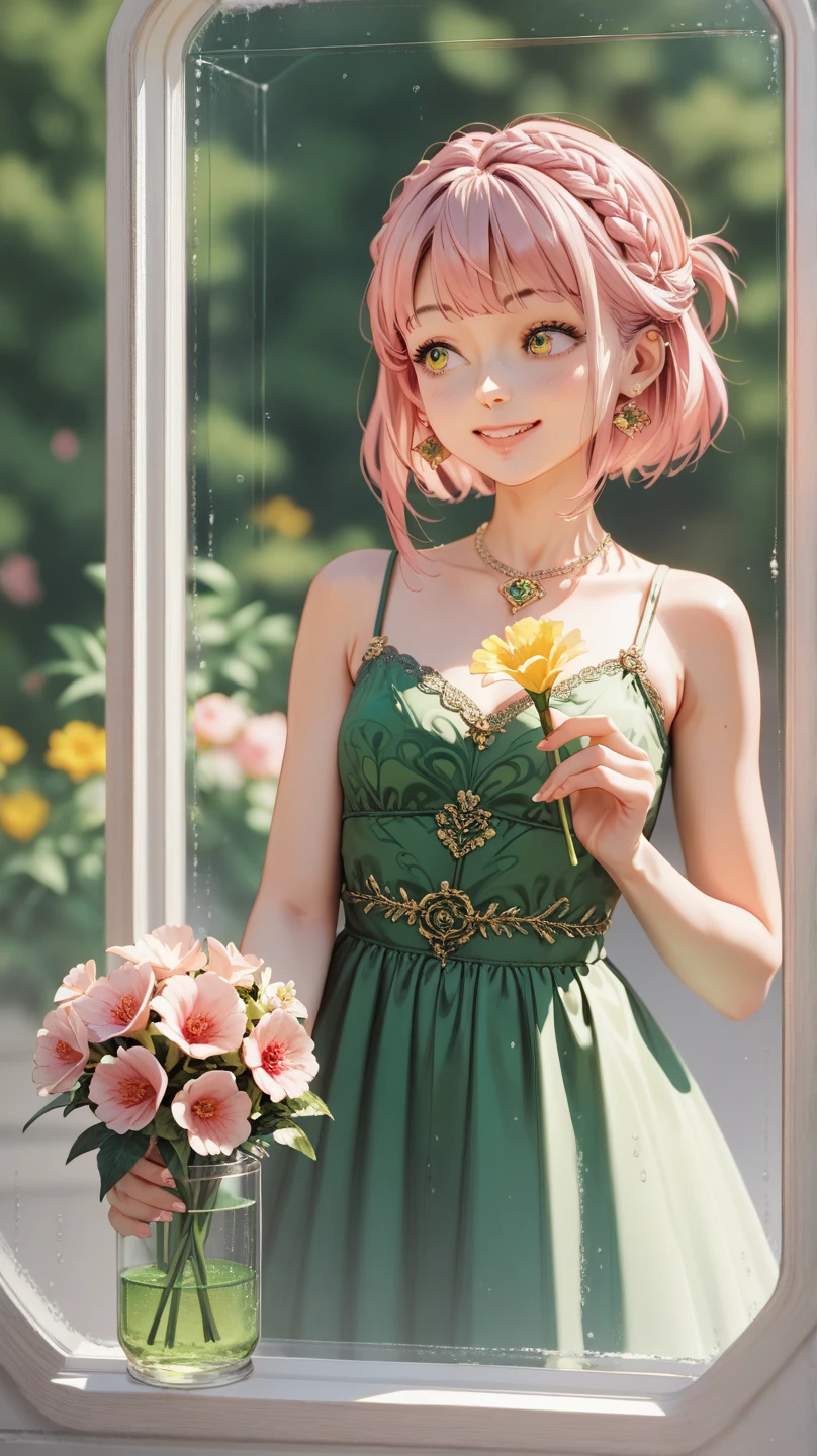 A light green haired woman with pink eyes and an hourglass figure in a pink lolita dress is smiling in the early sun at the garden