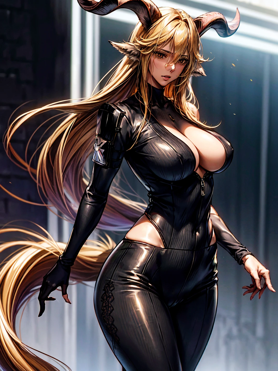 (top-quality、tmasterpiece、high resolution、super high image quality，highly detailed，8k，high saturation), 30years old，degenbrecher(arknights), goat girl, looking away from the audience, large breasts, hair between eyes, (symmetric goat horns:1.2), animal ears, Alone, long hair, closed mouth, blonde hair, yellow eyes, (goat ears: 1.1), Dynamic cowboy shot，detailed Mature face，detailed eyes, clear muscle lines, (sophisticated laced black tightsuit:1.2), pantyhose, big buttocks, goat tail from the waist