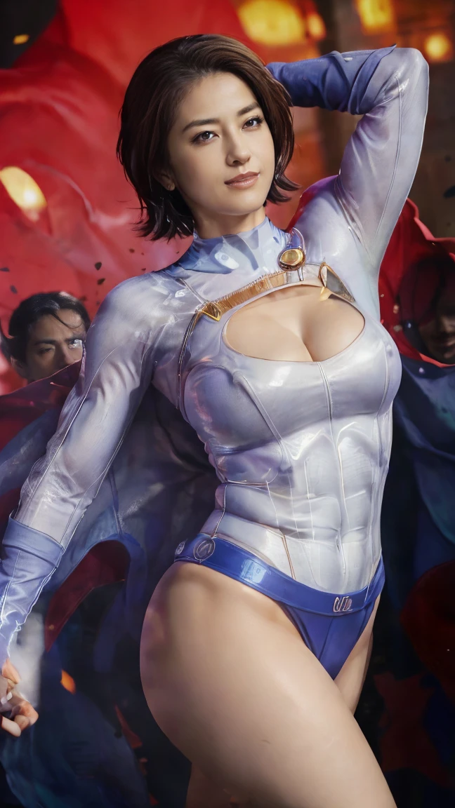 1 woman, Japanese actress Matsumoto Wakana , Power Girl,  DC Comics hero , 彼女は詳細なPower Girlのコスチュームを着ている, DC Comics ,  best quality, 4K, 8k,  high definition ,  artistic portrait , Ultra Detari, Realistic,  big and round breasts that stick out of the body, Hard erect nipples ,  tight waist with abs , Big round butt , Beautiful pussy, Light brown pubic hair,  beautiful body line with good balance ,  ultra-thin rubber costume made of special material that traces her completely naked body line, beautiful detailed eyes,  beautiful detailed lips , Extremely Elaborate Eyes and Faces ,Long eyelashes,Sexy,average:oil,  pubic skin,  flying hair, A brilliant smile, Strong girl in the air ,  confident pose, Stunning curves,  bright color, Calm Background,composition