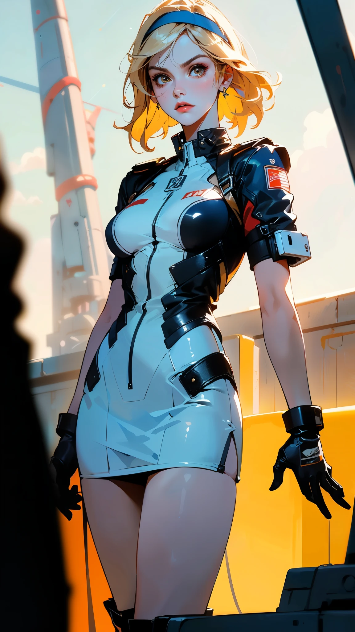 ((bare arms)), ((bare shoulders)), ((bare legs)), 1_girl, Alone, white hair, (((long hair))), yellow eyes, Big breasts, thick thighs, happy, (tanned skin), Erotic, Sensual, high quality, choker, dark skin, big breasts, Abdomen, big ass, Fat ass