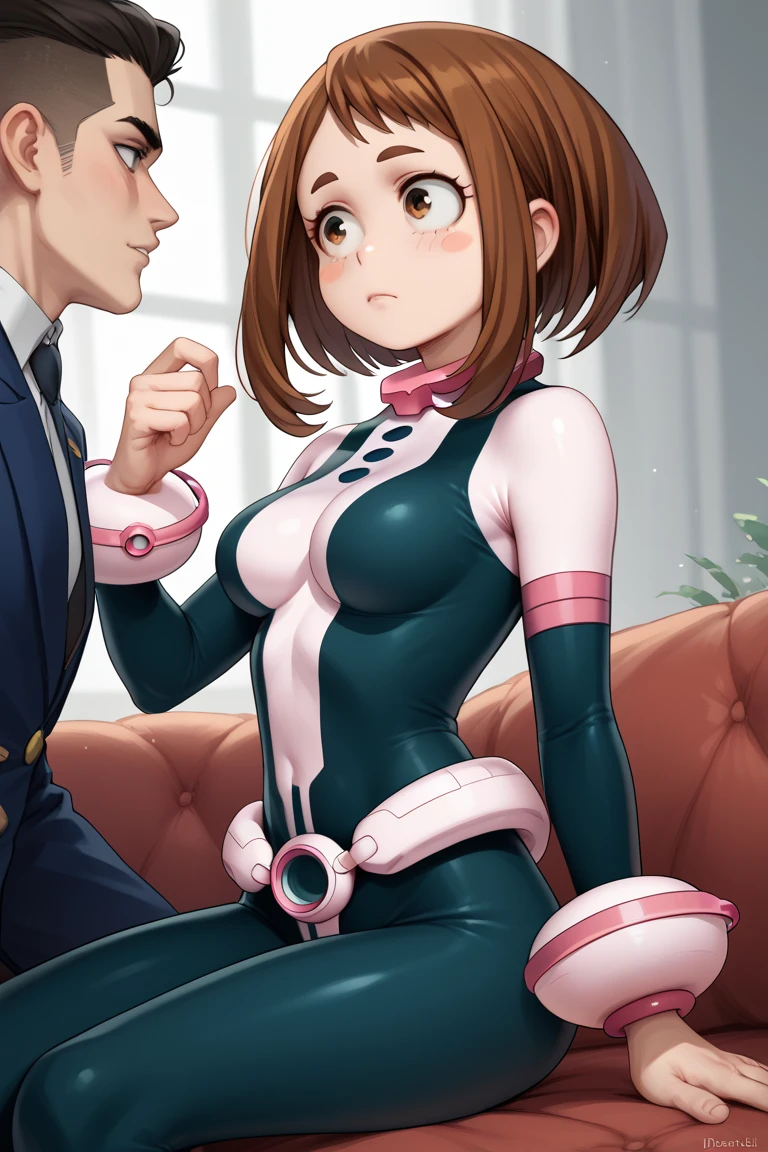 (side angle), 1girl, 1boy, girl sitting inbetween the boys lap, girl slender tiny waist. girl sexy body, girl sexy figure, girl sexy, girl tiny waist, girl desireable, girl tempting, lust, girl is ochako uraraka, girl brown eyes, girl brown hair, girl short hair, girl blush, girl blush stickers, girl bodysuit, girl skin tight, girl superhero, girl medium breasts, girl slender body, girl slim, girl tiny waist.  girl tiny waist.