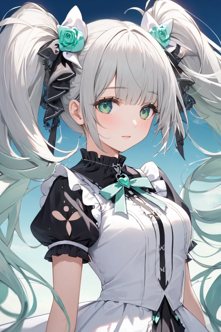  white dress , Gothic Lolita , Magical Girl,    twin tails, wind, Floating Hair, Long Hair,    gradient background， blue sky, bangs,    mint green eyes,    upper body,  ((( silver hair))), Symmetric, masterpiece,    best quality