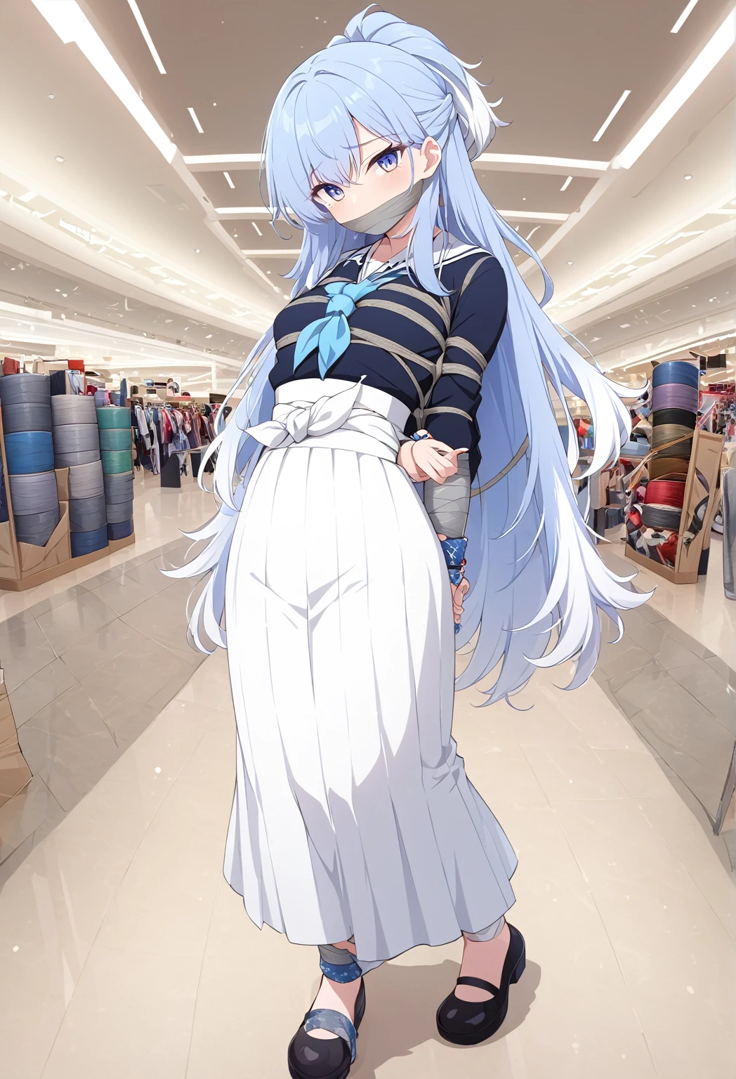 a result_9, a result_8_higher, source_Anime,  one girl, Alone,  Kubocanero , Blue eyes, long hair, blue hair,  colored ends , white hair, high-waist skirt, Long skirt, white skirt,  covered the mouth ,  long sleeves , , Familiar, Inside , Shopping mall , ( shopping mall tied with excessive ropes), ( tied bracelets ), ( arms behind the back), (duct tape, duct tape), Dramatic ,  ( looking at the viewer), (detailed phigherils:1.3)