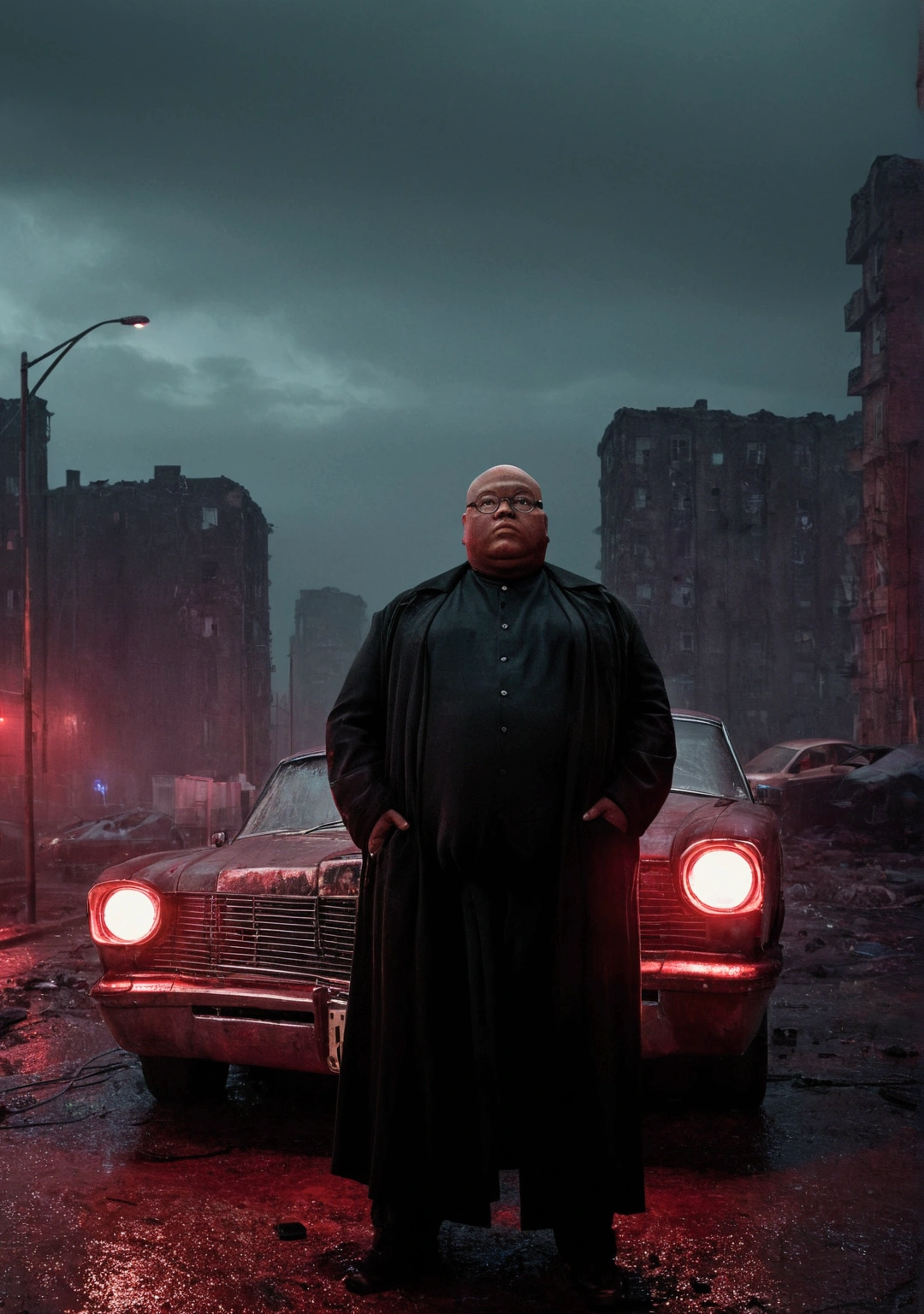 A chubby brown man standing next to a car wearing a black clothes. Red sky, night, a rain-soaked, destroyed city. The streets are abandoned, and the atmosphere is thick with melancholy. a view of a city at night with red lights and fog