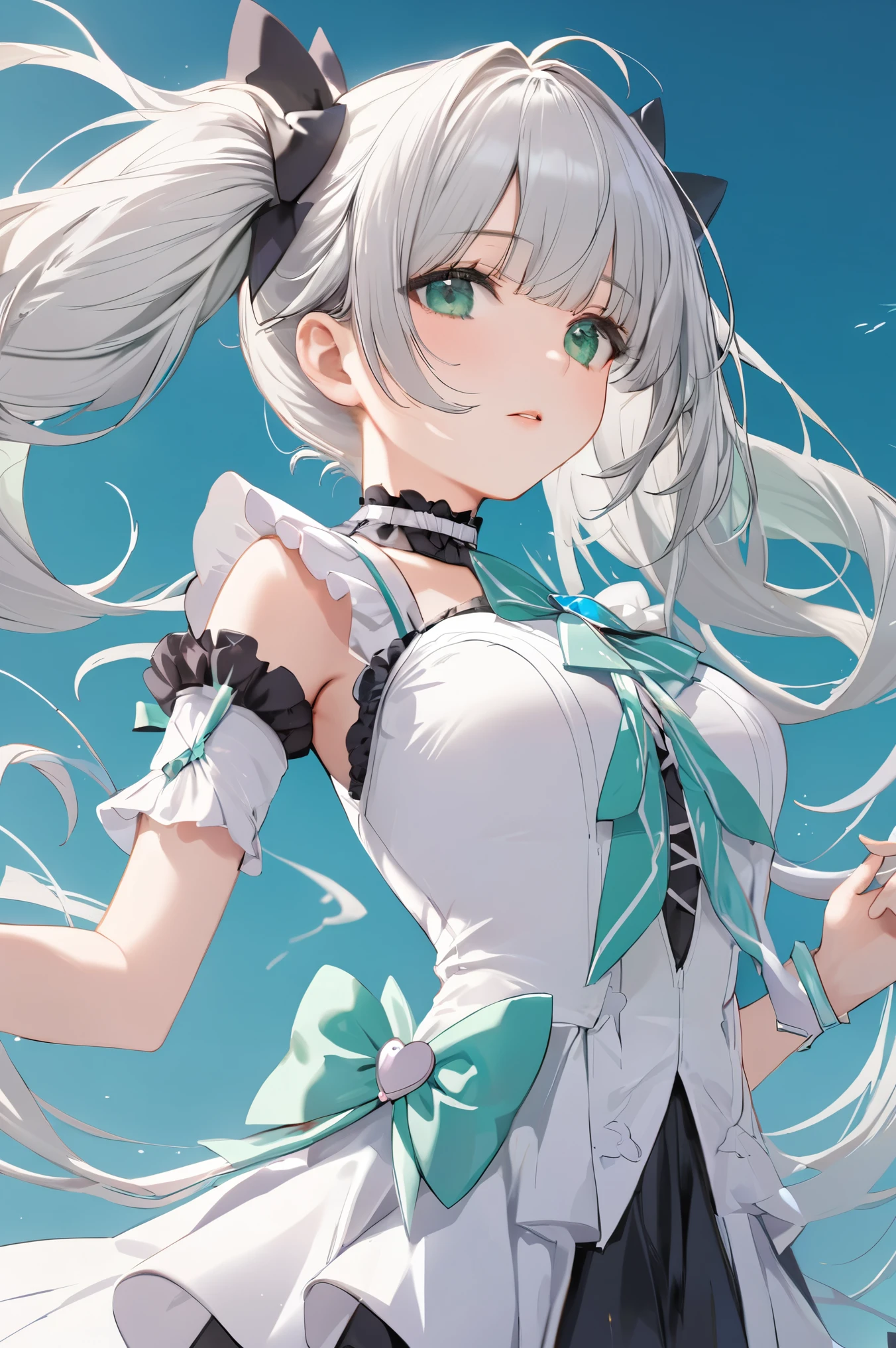  white dress , Gothic Lolita , Magical Girl,    twin tails, wind, Floating Hair, Long Hair,    gradient background， blue sky, bangs,    mint green eyes,    upper body,  ((( silver hair))), Symmetric, masterpiece,    best quality