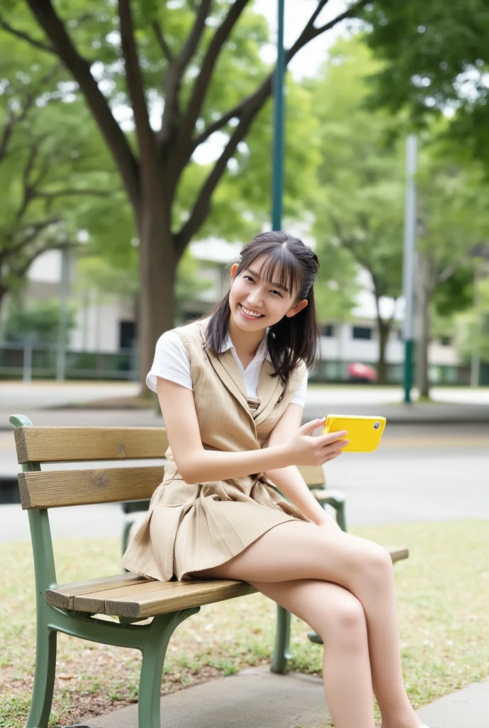 "In a quiet park during the daytime, a realistic teenage high school girl sits on a wooden bench, taking a selfie with her smartphone. She wears a neatly pressed sailor-style school uniform, and her dark hair is tied in a ponytail with a bright yellow ribbon. The yellow smartphone case in her right hand matches her ribbon, and her expression is natural, with a soft, relaxed smile. She gazes slightly upward toward the camera, capturing her calm and confident demeanor. The surrounding park features tall green trees and a clean, well-maintained path, emphasizing the peaceful atmosphere. The natural midday sunlight highlights the texture of her skin, the smooth fabric of her uniform, and the soft shadows on the ground, creating a lifelike and detailed scene."

