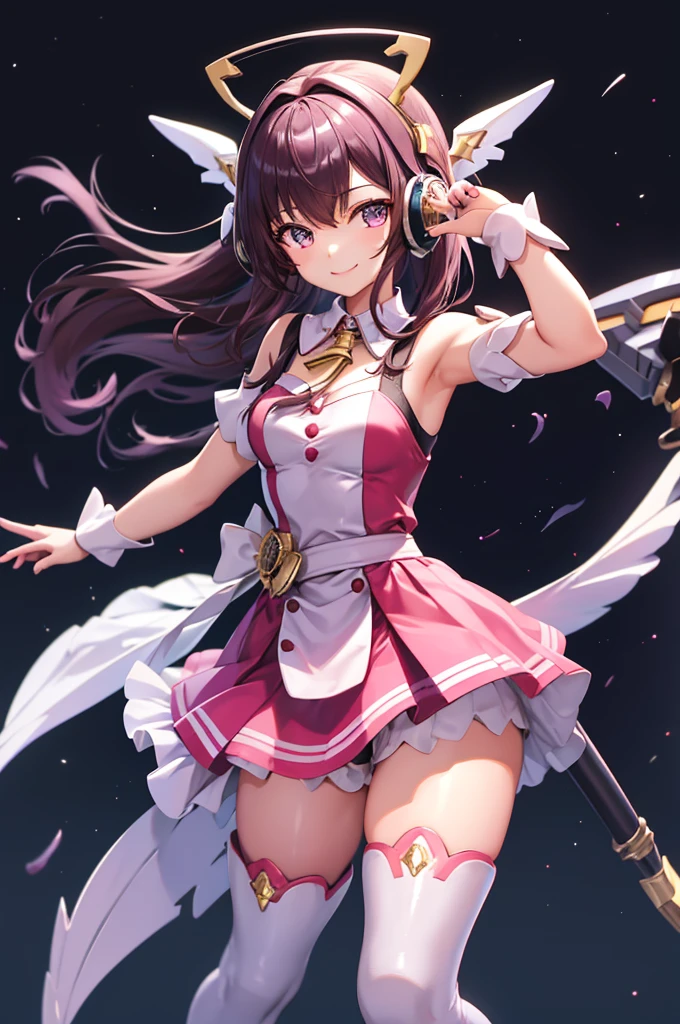 smile、smile、mecha wing、Thighs、tights、chest、 shiny hair、 1 girl、 solo girl 、 headset 、idol dress、 I have a sword、mecha girl、 pink miniskirt、I have a white armor 