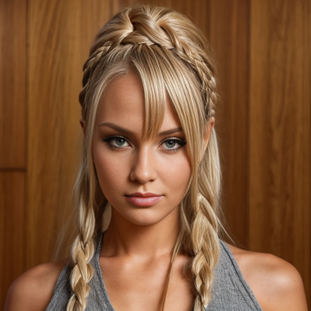 solo,  high definition , Long Hair, Blonde,  Cornrow Hairstyle ,  asymmetrical bangs , Braided topknot, evil, look up, Gal