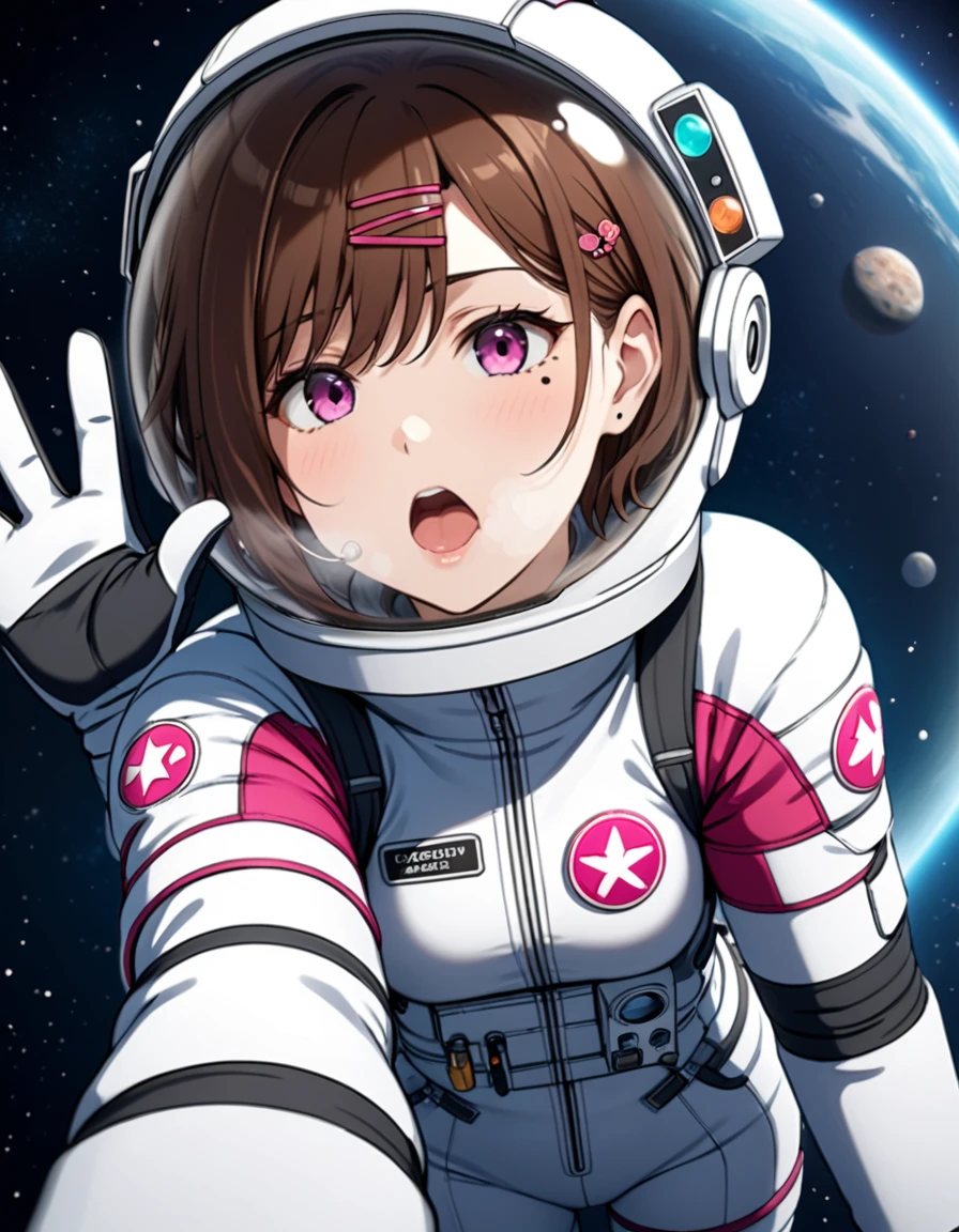 (spacesuit:1.15), white cargo pants, astronaut)bubble helmet, space helmet, gloves , , looking close at you, outer space, floating, masterpiece, best quality, 1girl, beautiful,  image from below, solo, madoka higuchi, brown hair, eyebrows hidden by hair, hairclip, mole, mole under eye, purple eyes, short hair, wavy hair, difficulty breathing, mouth open,waving, fullbody