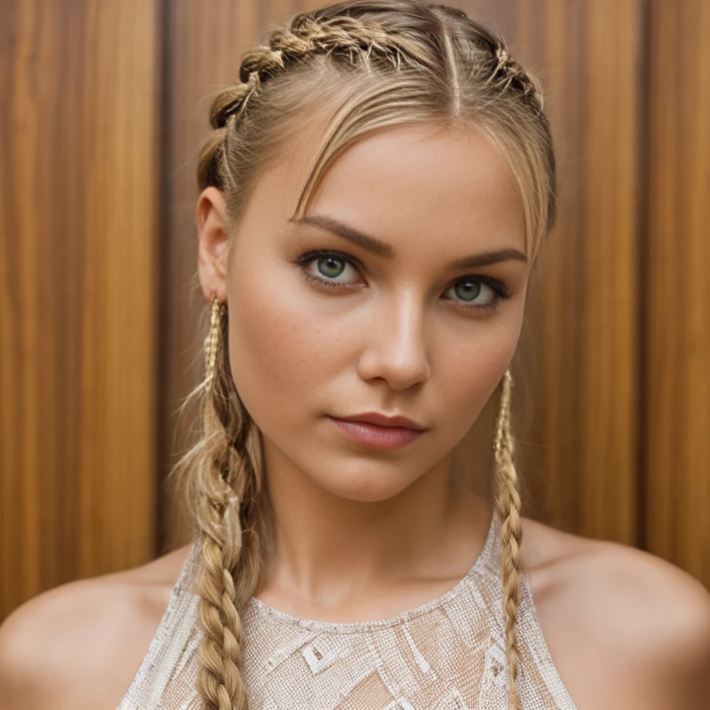 solo,  high definition , Long Hair, Blonde,  Cornrow Hairstyle ,  asymmetrical bangs , Braided topknot, evil, look up, Gal