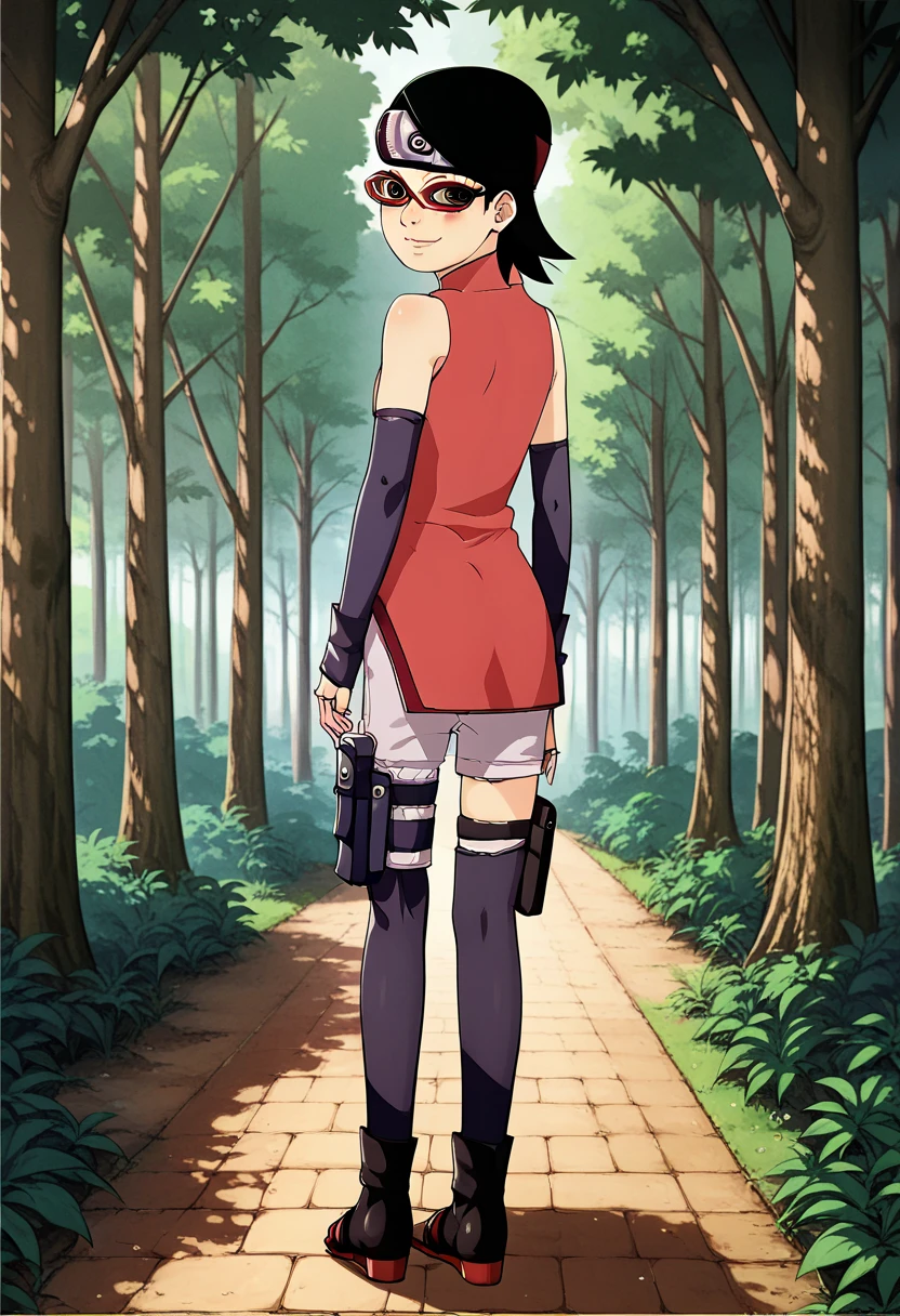 (score_9, score_8_up), score_7_up, zPDXL, Sarada Uchiha, solo, 1girl, black hair, short hair, red-framed eyewear, glasses, black eyes, red dress, sleeveless, elbow gloves, black gloves, fingerless gloves, white shorts, black thighhighs, thigh holster, toeless sandals, smile, looking at viewer, blushing, forehead protector, konohagakure symbol, sunny, forest, debout, butt, fesses, dos, back view, vue de derrière, petit buste, 