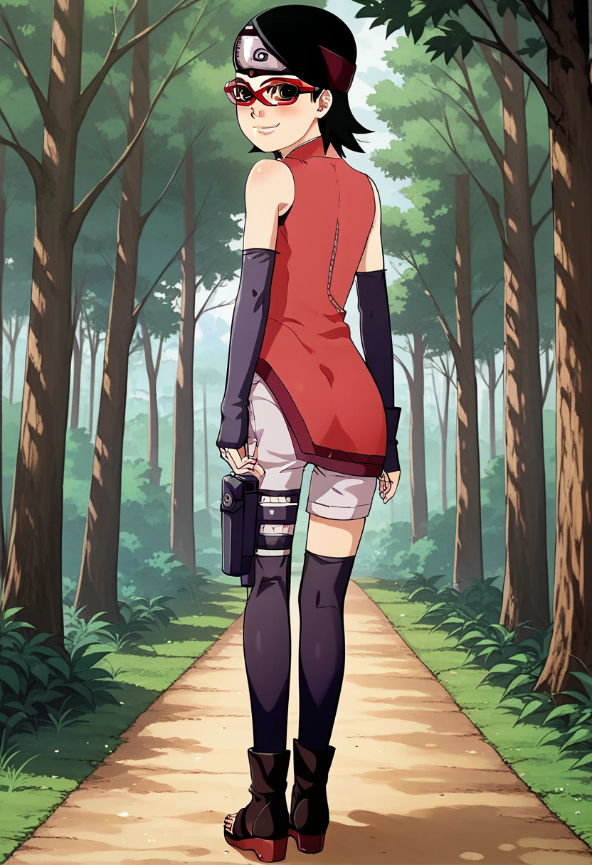 (score_9, score_8_up), score_7_up, zPDXL, Sarada Uchiha, solo, 1girl, black hair, short hair, red-framed eyewear, glasses, black eyes, red dress, sleeveless, elbow gloves, black gloves, fingerless gloves, white shorts, black thighhighs, thigh holster, toeless sandals, smile, looking at viewer, blushing, forehead protector, konohagakure symbol, sunny, forest, debout, butt, fesses, dos, back view, vue de derrière, petit buste, 