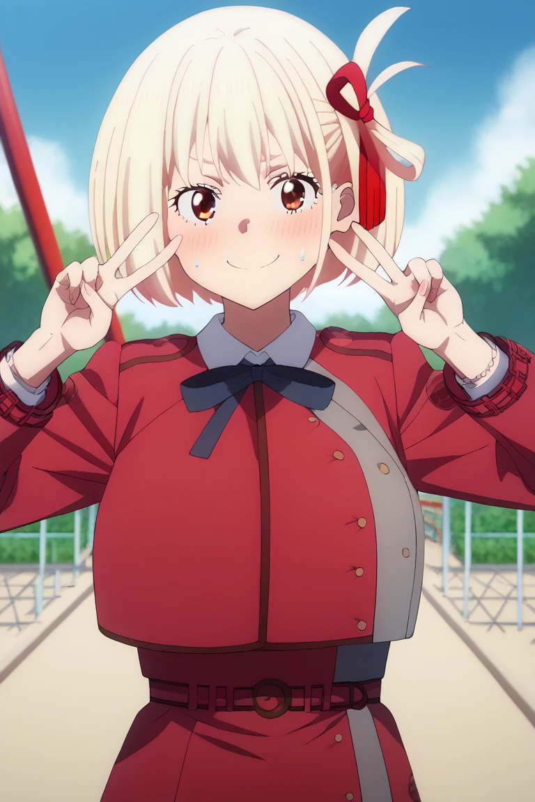 chisato nishikigi, short hair, bangs, blonde hair, red eyes, hair ribbon, one side up, bob cut, large breast, lycoris uniform, sweat, blush, embarrassed smile, closed one eye, double peace, from front, looking viewer, public park, playground equipment, slide, sunshine, summer days, wide shot, full-body, (solo, alone:1.2), masterpiece, best quality, high resolution, ultra-detailed, perfect fingers, detailed background, anime