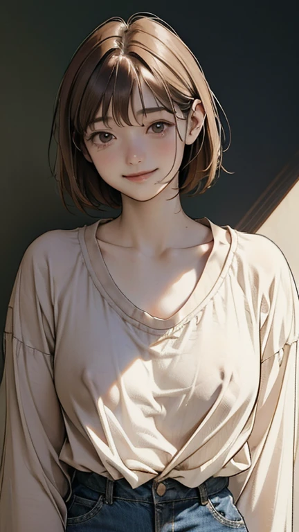 1 Japanese woman, 20 years old, High resolution, Short hair, Brown Hair, flat chest, Anatomically correct, Soft Light, Reality, Super detailed, 
White silk shirt with an oversized neckline, collarbone and chest visible, Lean forward, little smile, without bra, nipples are visible,