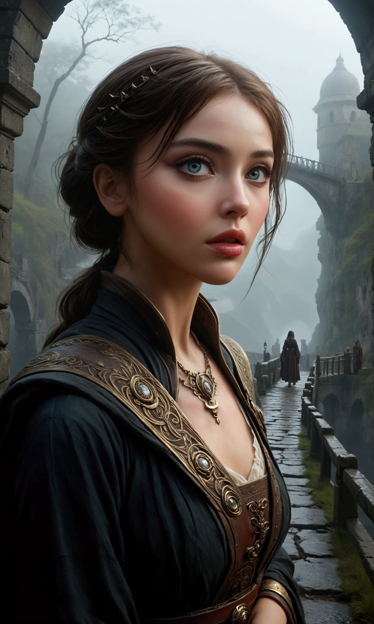 A woman, beautiful detailed eyes, beautiful detailed lips, extremely detailed eyes and face, long eyelashes, cute, sexy adventurer outfit, awestruck, staring at ancestor spirits, ancient bridge, fog, (best quality, 4k, 8k, highres, masterpiece:1.2), ultra-detailed, (realistic, photorealistic, photo-realistic:1.37), fantasy, concept art, cinematic lighting, dramatic lighting, moody, atmospheric, intricate details, view is from a low anglr, show all of her