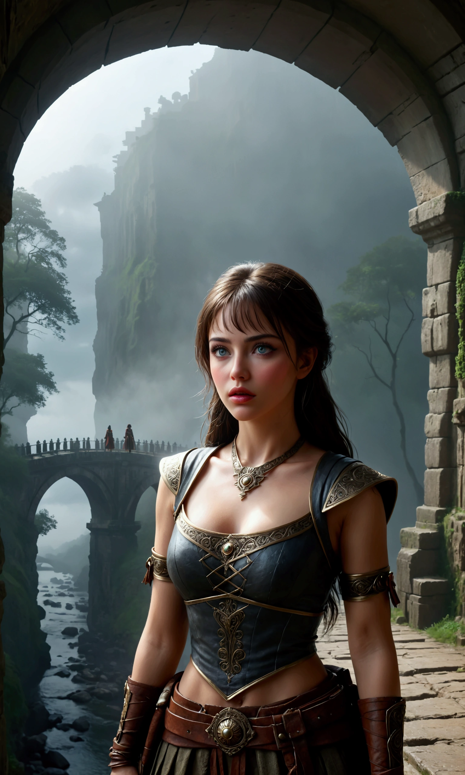 A woman, beautiful detailed eyes, beautiful detailed lips, extremely detailed eyes and face, long eyelashes, cute, sexy adventurer outfit, awestruck, staring at ancestor spirits, ancient bridge, fog, (best quality, 4k, 8k, highres, masterpiece:1.2), ultra-detailed, (realistic, photorealistic, photo-realistic:1.37), fantasy, concept art, cinematic lighting, dramatic lighting, moody, atmospheric, intricate details, view is from a low anglr, show all of her