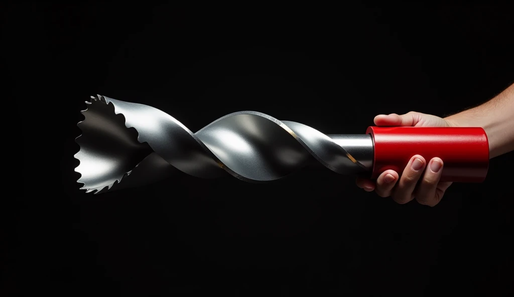 This image features a hand holding a large, metallic, spiral-shaped drill bit or industrial tool against a black background. The tool has a polished silver color, with a twisted, helical design similar to a screw or auger. To the left, a portion of a bright red, cylindrical object with a similar helical texture is visible, adding a vibrant contrast to the silver metal. The setup suggests a comparison between the two objects or might represent industrial equipment or engineering components in a close-up view.