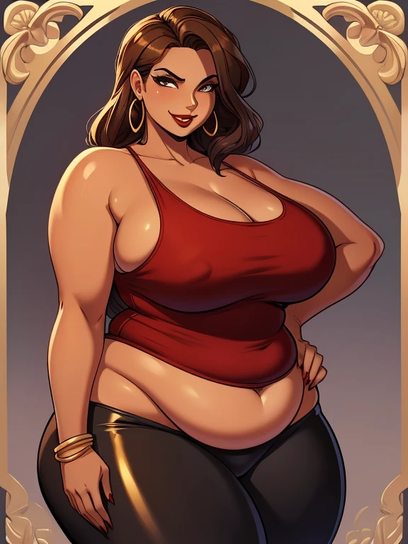 (masterpiece:1.2), best quality, high resolution, unity 8k wallpaper, (illustration:0.8), 1girl, alone, Latina, 42-years-old, milf, mature female, long brown hair, amber colored eyes, mascara, eyeshadow, red lipstick, grinning, sultry, sultry face, thick lips, (plump figure and wide frame:1.3), wide load butt, wide hips, curvy, thick lower body, thick thighs, standing, hands on hips, (Wearing: red tank-top, shiny black leggings, golden earrings, golden bracelets