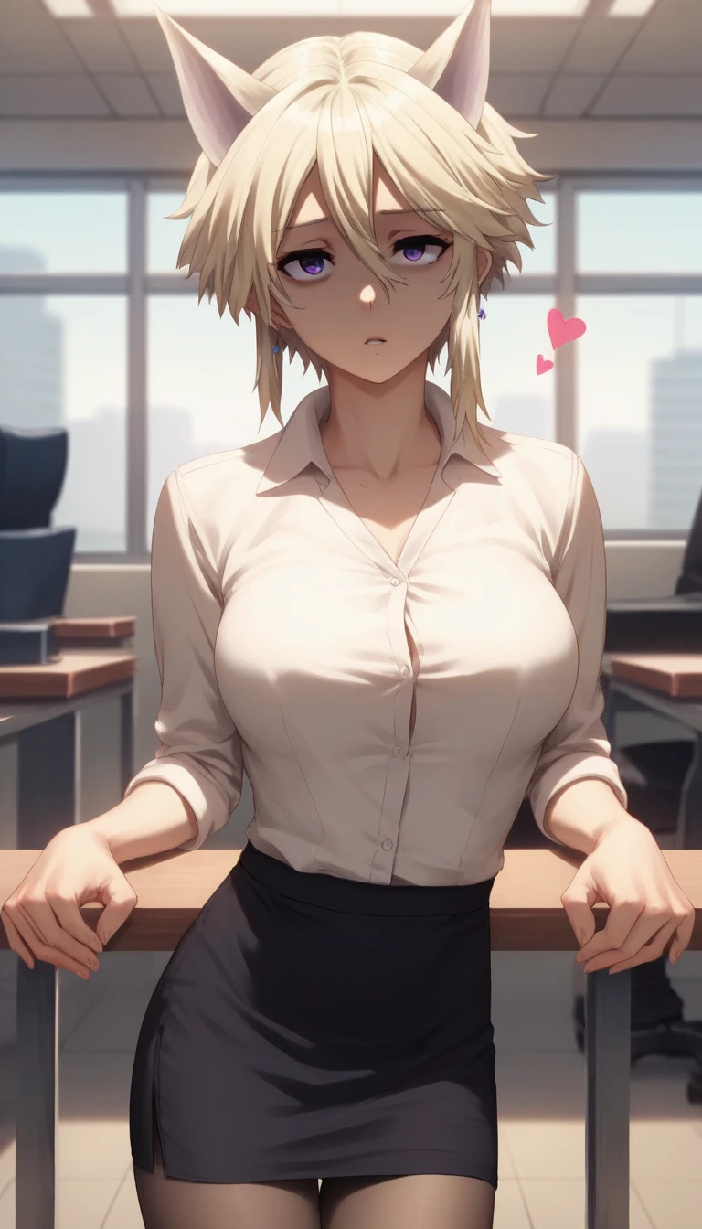 score_9, score_8_up, score_7_up, score_6_up, uncensored, zeta, animal ears, purple eyes, blonde hair, short hair, BREAK (masterpiece:1.2), best quality, high resolution, (detailed eyes:1.3), perfect lighting, (perfect hands, perfect anatomy), large breasts, hearts, pleasured, solo, blurry, 1girl, earrings, blurry_background, jewelry, shirt, skirt, mini skirt, pantyhose, office suit, indoors 