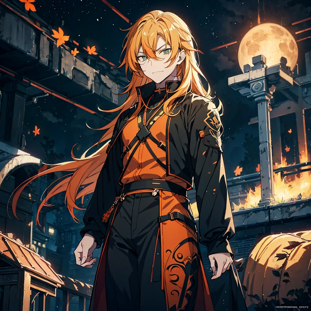 orange battle coat, Orange and black outfit ,  long brand hair,  straight hair,  long bangs  ,  close your mouth and laugh , ４０age,  handsome, Muscular, Narrow green eyes ,  Official Art、  best quality、  Unity 8K Wallpaper 、32K、masterpiece、Super detailed, Male nose, Male Eyes  , Male outline  ,  male skeleton  , carrying a large red sword , Light and Smoke Background , Moonlight,