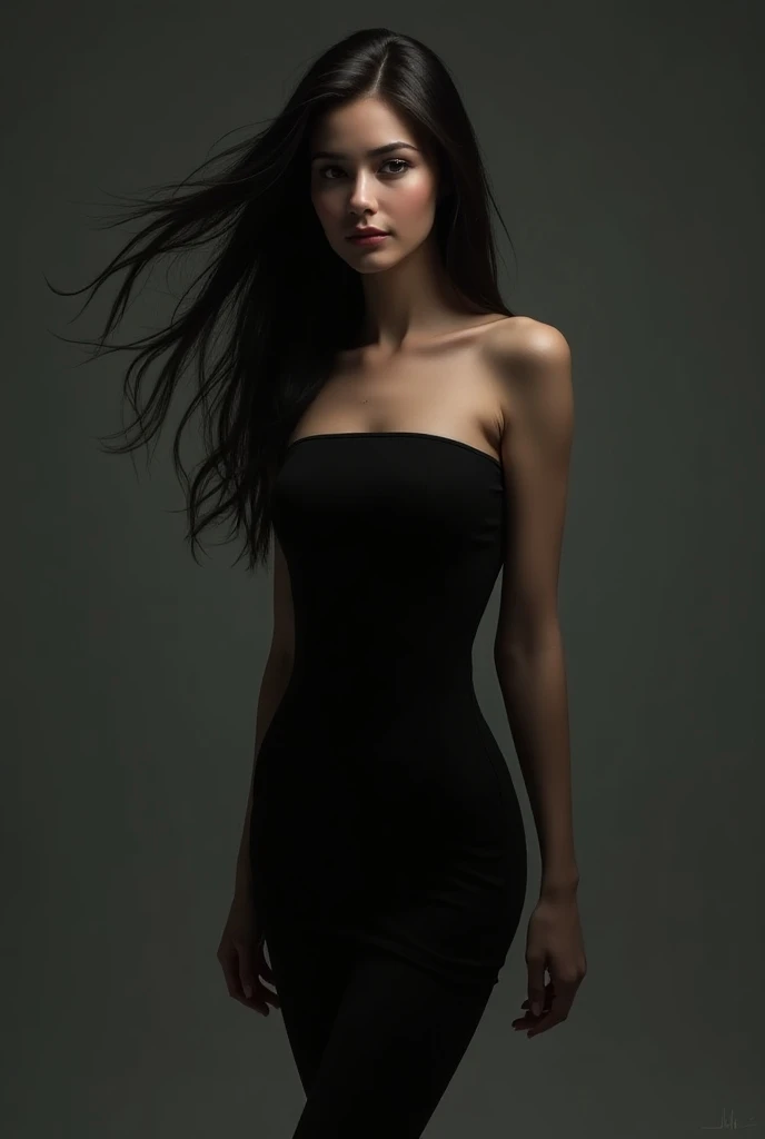 White background, Woman, Long Black hair, wearing black beautiful cocktail dress 