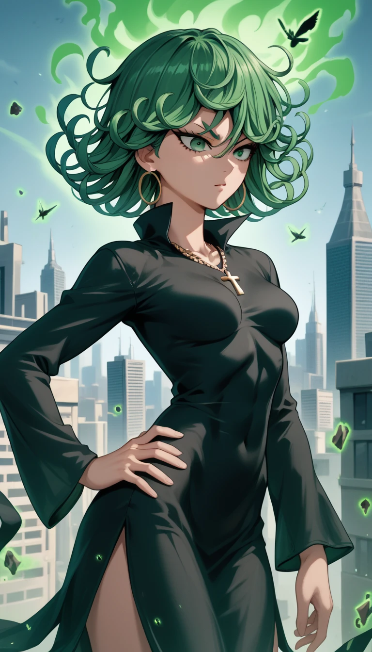 tatsumaki, short hair, green hair,curly hair,green eyes, very long hair,medium breast , black dress, long sleeves , earrings,hoop earrings,cross necklace,jewelry,poese.medium breasts, whole body 
High Resolution, Masterpiece, High Quality, Bangs, Hair Over One Eye, standing, hand on hip, green aura, fly, city, Flying over a ruined city