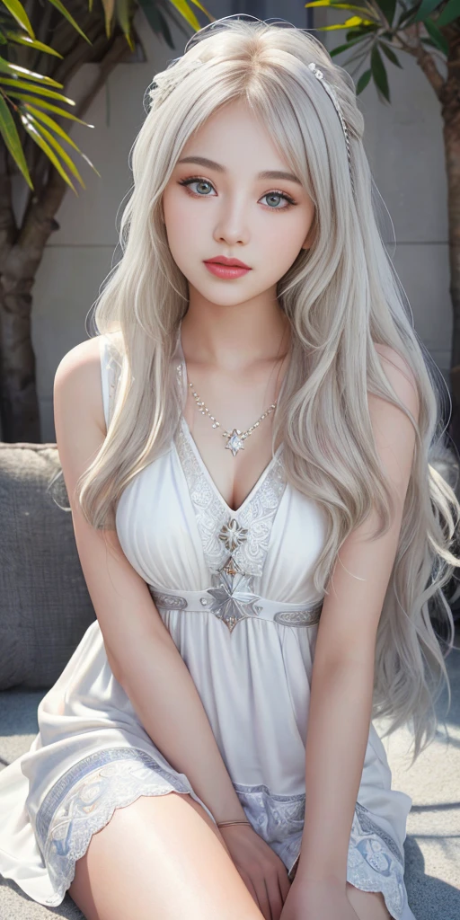 (absurdres, highres, ultra detailed), 1girl, solo, mature, (very long hair, white hair, bangs:1.4), Baroque, long dress, long sleeve, elegant, colorful, highest detailed, upper body