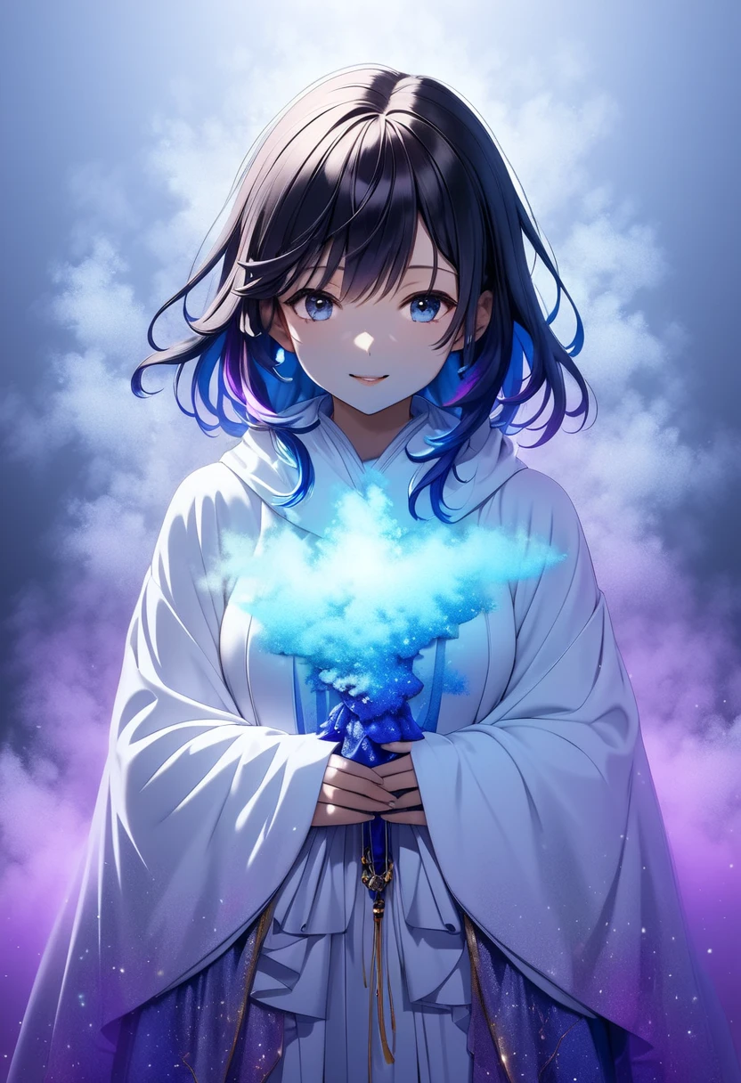 The magician dressed in a white robe･ women with dark hair "Haruna", ((background:Mysterious fog  , blue, Neon Dust,  Shading Effects ,  gradient magic effect , Fog filter effect , Glitter Effect,  Graphic CG Digital Art )) ,