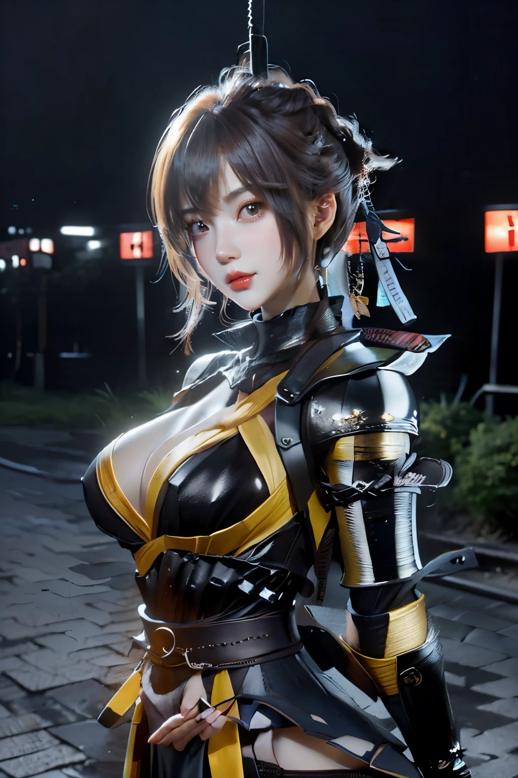 ninja girl,
((erotic smile expression)),
(night scene background.
old Japanese Tokyo city street atmosphere),
(city lights),
(face detail),
(hand detail),
(cleavage),
((solid big breasts:1.3)),
(exposed belly:1.2)),
((Sexy ninja armor:1.4)), ((a pair of samurai hanging on the back shoulders:1.2)),
((Cameltoe:1.1)),
8k,RAW photo,
(best quality),
(masterpiece),
realistic,
photo-realistic,
best quality,
masterpiece,
(ultra high resolution),
8K, 1girl, natural skin texture,
Natural skin texture,
dynamic pose,