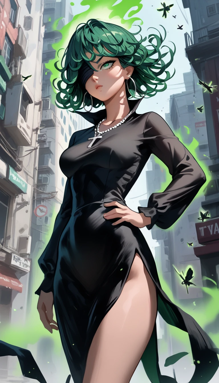 tatsumaki, short hair, green hair,curly hair,green eyes, very long hair,medium breast , black dress, long sleeves , earrings,hoop earrings,cross necklace,jewelry,poese.medium breasts, whole body 
High Resolution, Masterpiece, High Quality, Bangs, Hair Over One Eye, standing, hand on hip, green aura, fly, city, Flying over a ruined city