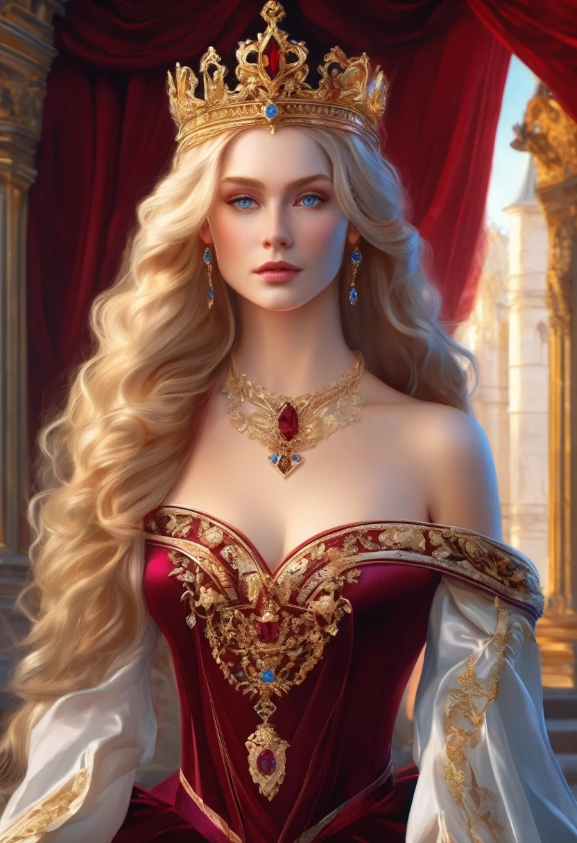 (Masterpiece, Best Quality, High Quality, Highres:1.4), Detailed, Extremely Detailed, Ambient Soft Lighting, 4K, Ornate,
Indoors, (Renaissance, Vintage:1.4), Plants, Window,
1Gril, (Solo:1.4), (Milf:1.2), Standing, Upper Body, (Face Focus:1.2),
(Extremely Detailed Hair:1.2), Blonde Hair, Long Hair, Long Sidelocks, Bangs, (Hair Intakes, High Ponytail:1.4),
Expressionless, Emotionless, (Red Eyes, Glaring, Contempt, Disgust, Looking at Viewer:1.2),
Curvy, Huge Breasts, Skindentation, (Bursting Breasts:1.2),
(Tiara:1.2), Crown, (Cleavage, Strapless, Red Dress, Frilled Dress, Long Skirt, Puffy Skirt, Puffy Sleeves, Juliet Sleeves, Long Sleeves:1.2), Jewelry,