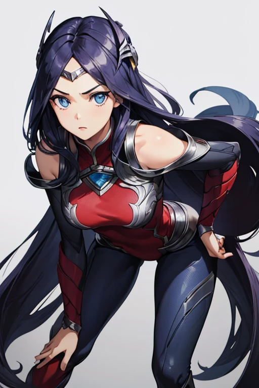 (masterpiece), best quality, expressive eyes, perfect face, highres, 1girl, solo, irelia, bodysuit, bare shoulders, forehead protector, hair ornament, armor, (leaning forward), standing, portrait, looking at the viewer,