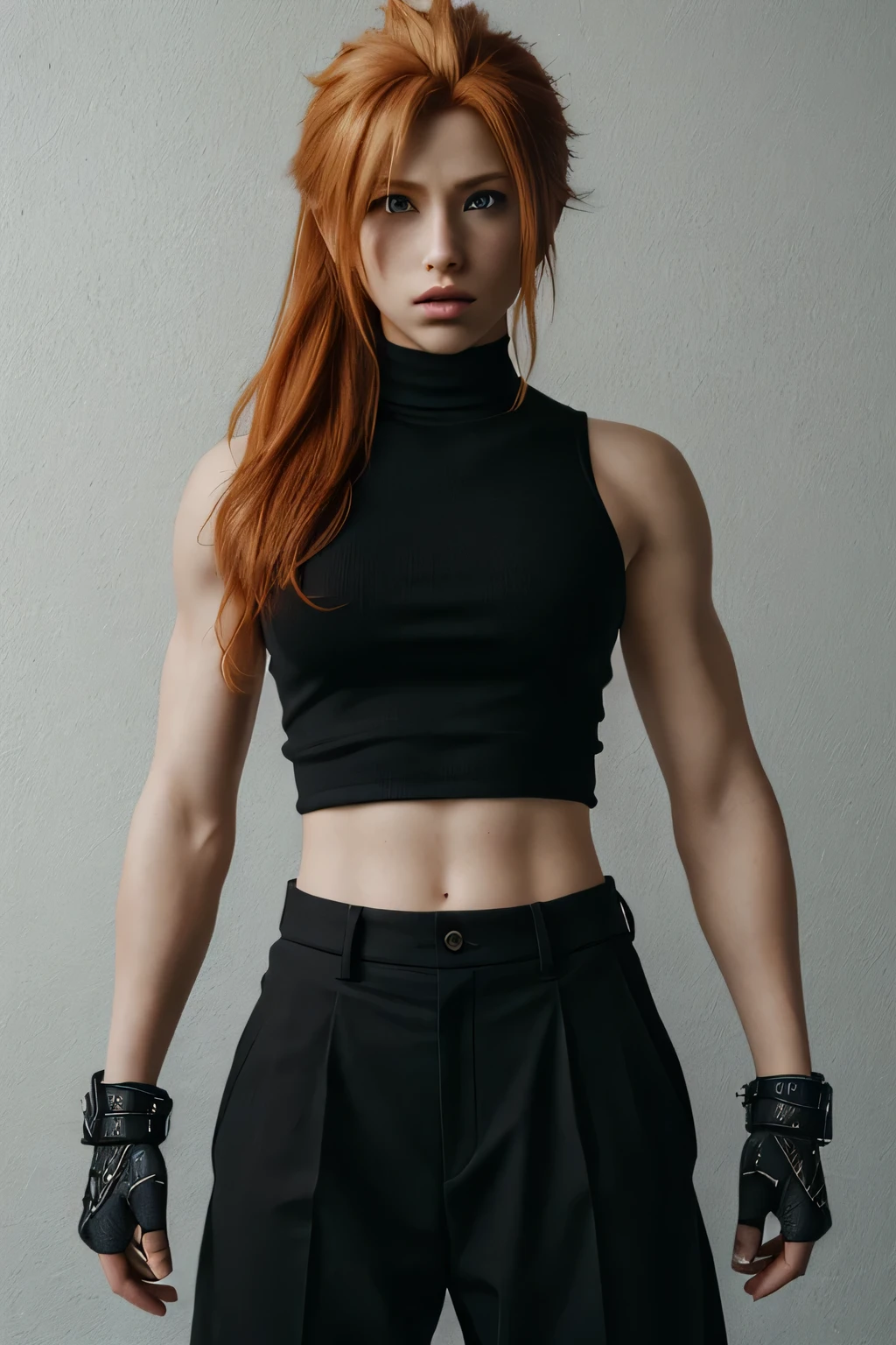 1girl in, age21, Madelaine Petsch, photo of perfect woman, 5'3", Solo, Aesthetic artwork, (irish  redhead, wavy ginger hair, shoulder length ginger hair:1.25), (some small freckles, pale skin, small breasts, B-cup, runners body, very thin waist, skinny, petite, detailed skin texture), (blank background, plain background, blank wall, (wearing an black sleeveless shirt, black harem pants, biggie black pants, Spanky shoulder armor, gender swap Cloud strife final Fantasy, final Fantasy 7 cosplay of cloud strife), Exposed thighs, ), (extremely detailed 8k wallpaper), soft lighting, high quality, film grain, Fujifilm XT3 sharp focus, f 5.6, 50mm, High Detail, Sharp focus,(natural light), crazy details, complex details, hyper detailed