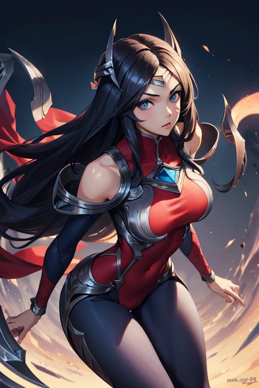 (masterpiece), best quality, camel toe, sexy poseexpressive eyes, perfect face, highres, 1girl, solo, irelia, bodysuit, bare shoulders, forehead protector, hair ornament, armor, (leaning forward), standing, portrait, looking at the viewer,sexy pose