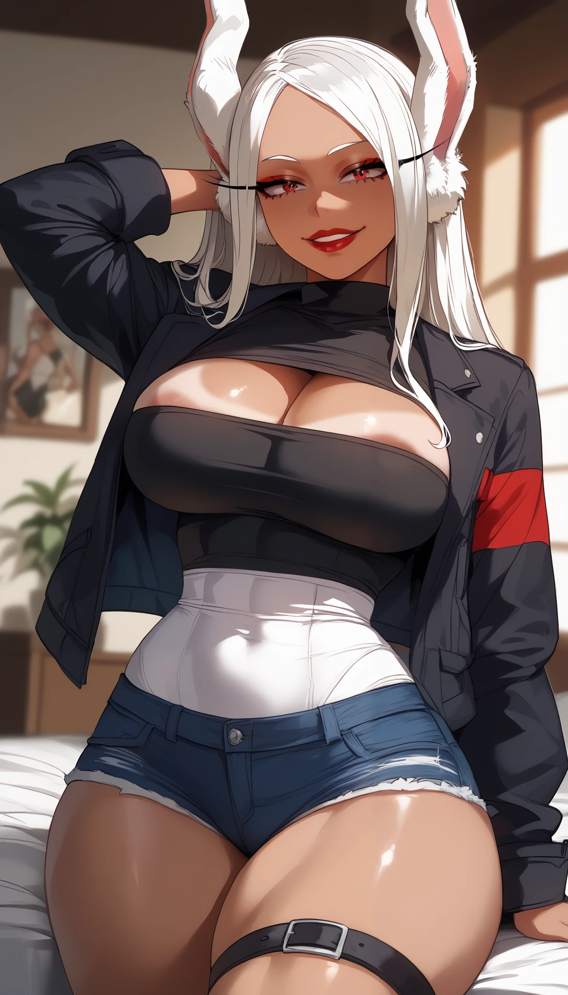 20 year old woman, busty, bubble butt, hourglass figure, skinny, blushing, angry expression, horny, seductive, long hair, platinum blonde hair, bangs, straight hair, wearing biker jacket, cropped leather jacket, blue tank top, black denim hotpants, booty shorts, transparent stockings, tight fitting clothing, cleavage, flat colours, anime, ecchi anime style, heavy makeup, kissable lips, red lipstick, hentai, manga, ahegoe, hand on hip, standing