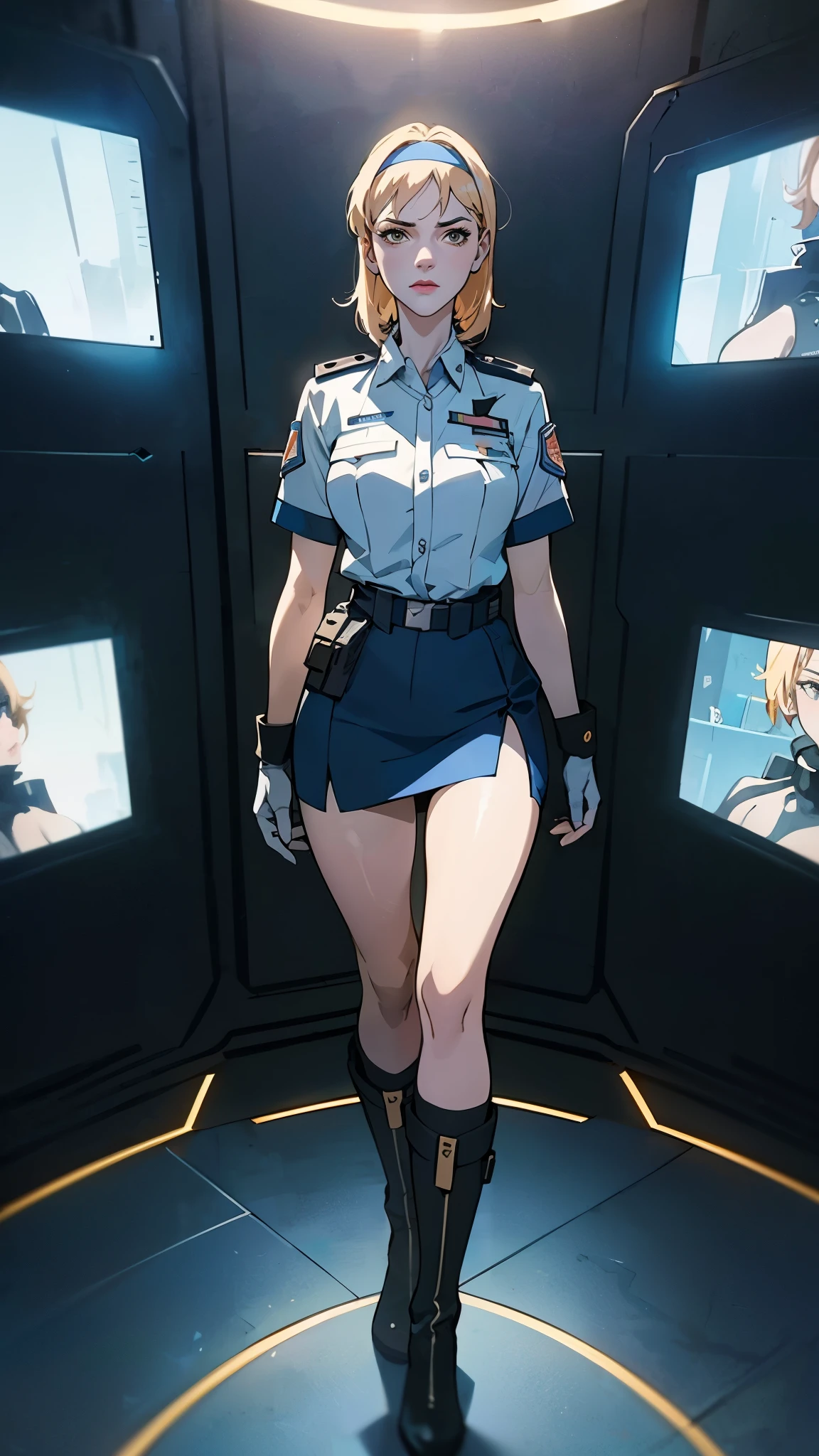 (masterpiece:1.2, best quality:1.2, extremely delicate:1.2), ((Alexandra Daddario:1.2)), a girl with short light golden hair, a metal headband on her forehead, icy gaze, detached expression, smooth and exquisite facial appearance, perfect body, perfect skin, porcelain skin, pale skin, sci-fi military uniform, short sleeves, gloves, short skirt integrated with the outfit, dark fitted pants, knee-high military boots, the color scheme is primarily White with Blue and Yellow accents, surrounded by AR virtual interfaces, standing in a futuristic sci-fi-styled room, this character embodies a finely crafted futuristic sci-fi female officer in anime style, exquisite and mature art style, exquisite photography, Photo realism, photorealistic, even and soft lighting on face, dramatic, high definition, highres, ultra-detailed, ultra-fine painting, professional, perfect body proportions, anatomically correct, symmetrical face, extremely detailed eyes and face, high quality eyes, creativity, RAW photo, UHD, 32k, portrait lighting, Natural light, cinematic lighting, (masterpiece-anatomy-perfect:1.2)